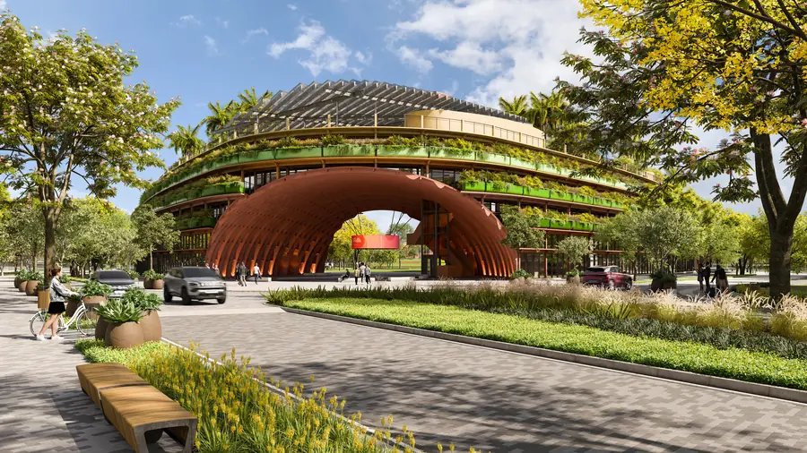 Perspectiva ilustrada da Casa Una, hub de serviços e gastronomia do Parque Una