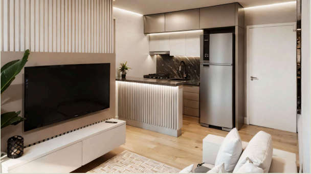 Perspectiva ilustrada do interior do apartamento do Garden View