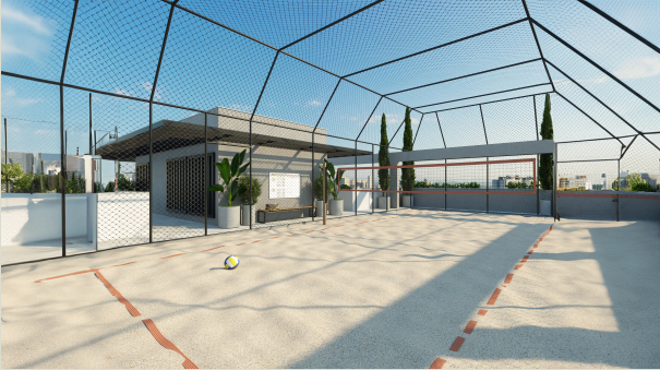 Perspectiva ilustrada da quadra de beach tennis no rooftop do Garden View